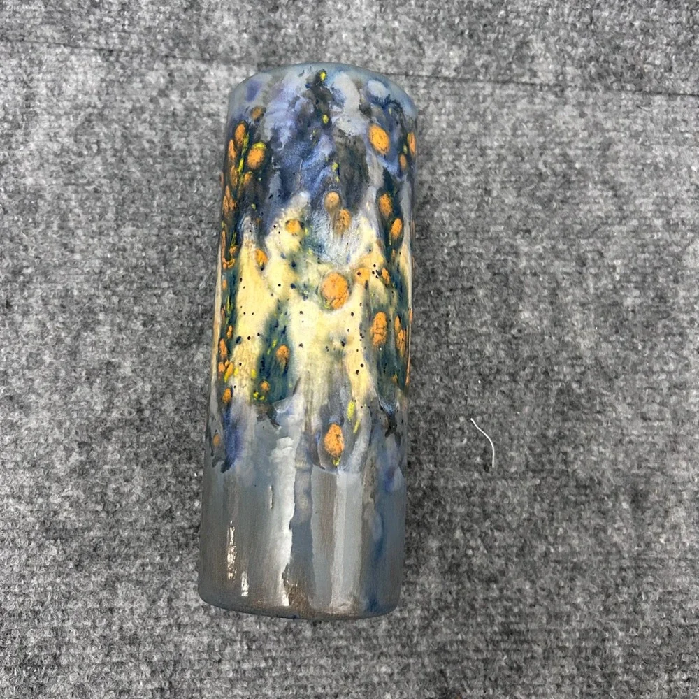 BFB Pottery Blue Grey Ochre Drip Glaze Ceramic Cylinder Bud Vase Studio Art